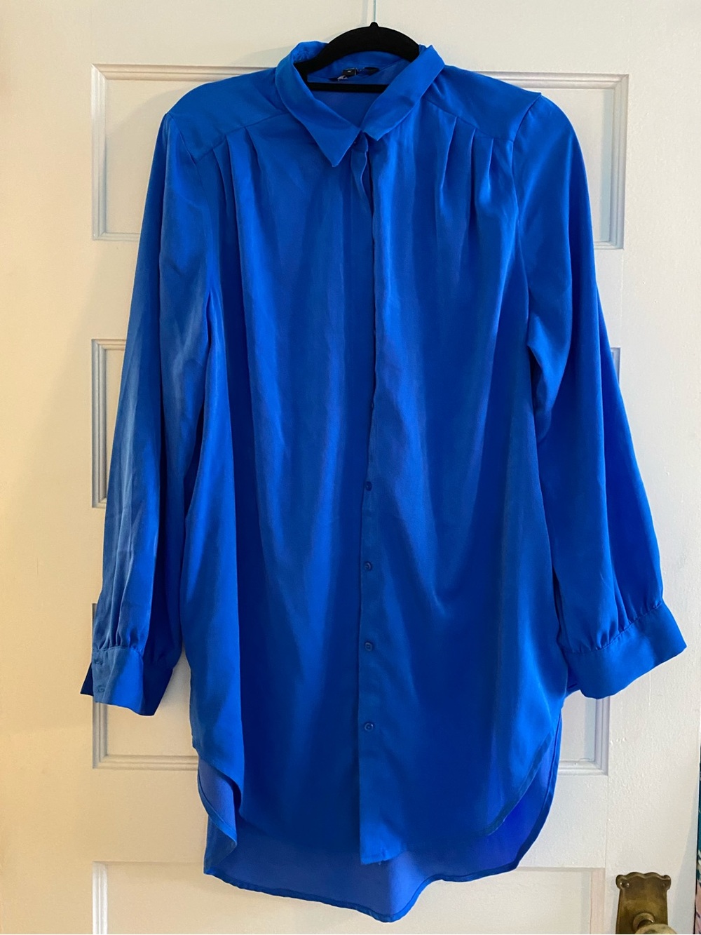 Express Long-Sleeve Button-Up Silk Tunic Royal Blue